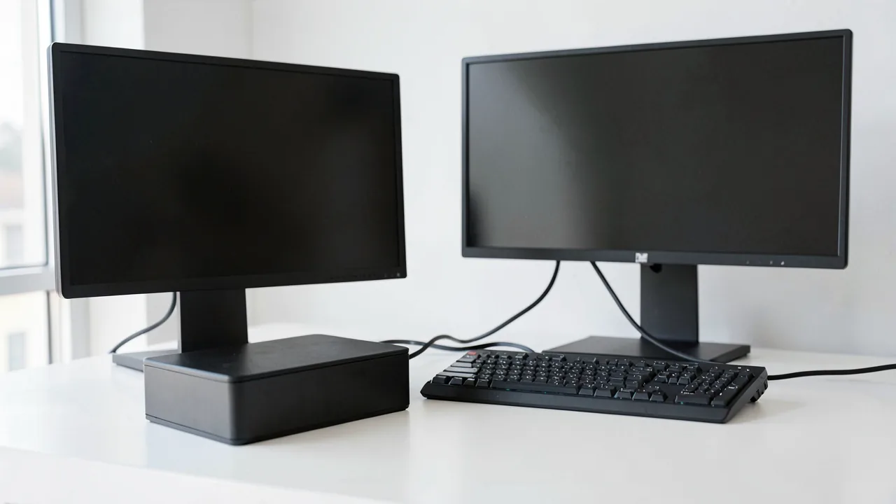 Mini PC compacto colocado junto a un monitor y un teclado en un escritorio ordenado
