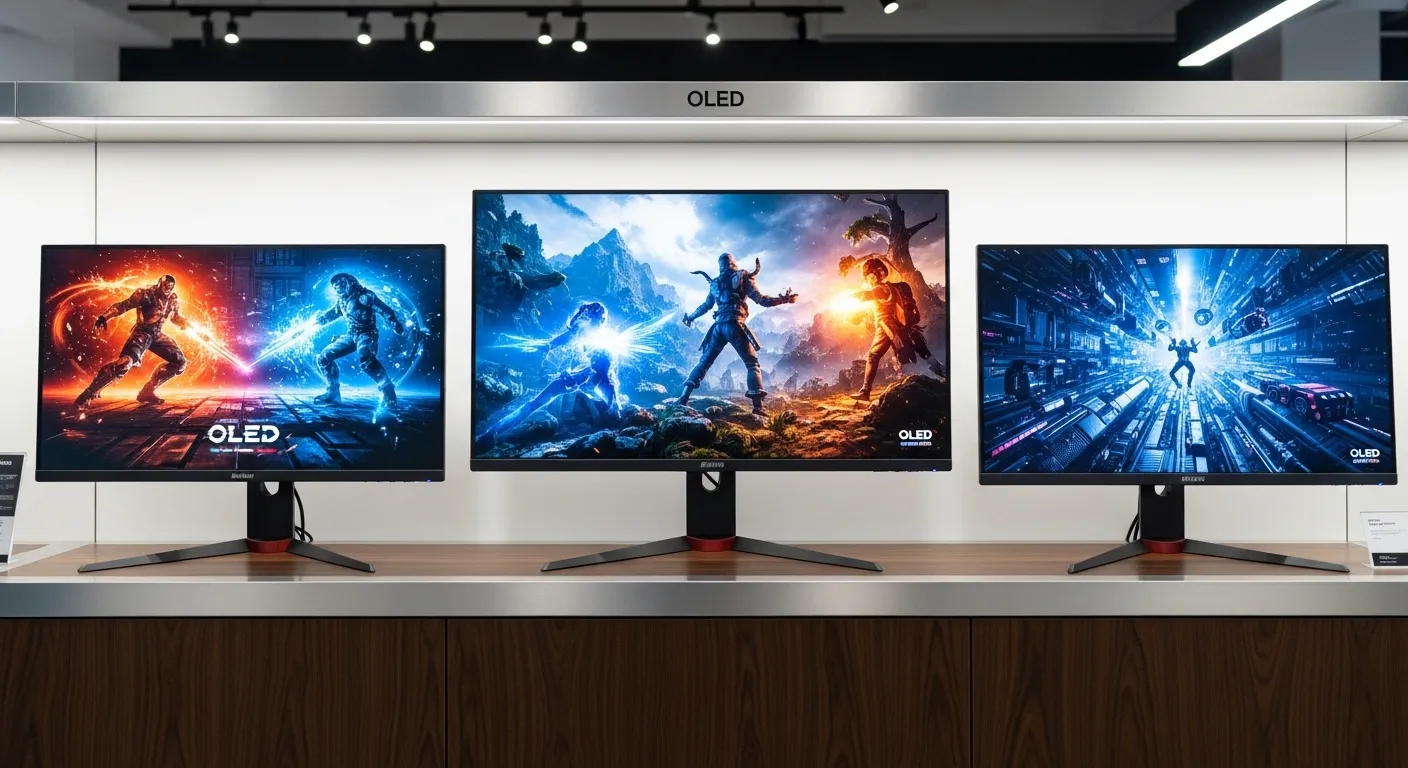 Comparativa visual de monitores gaming OLED de diferentes tamaños y marcas