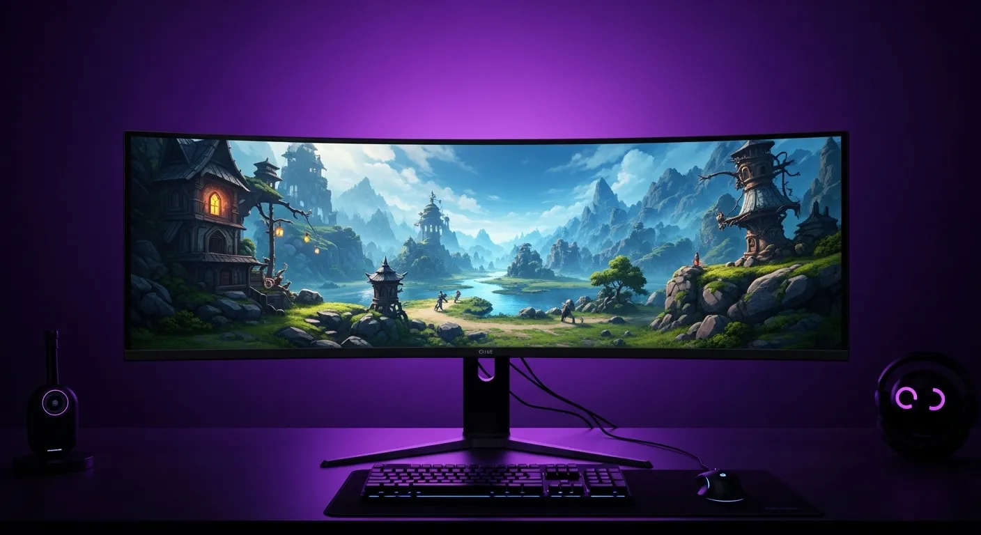 Monitor ultrawide OLED curvo mostrando un paisaje de videojuego inmersivo