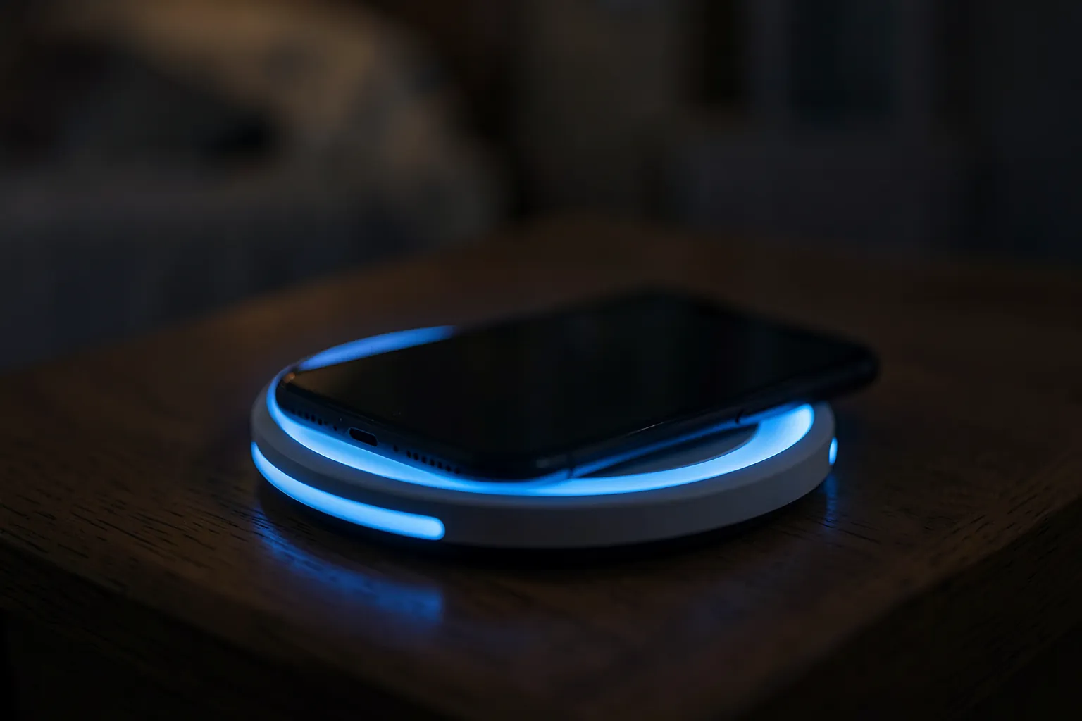 Móvil boca abajo sobre un cargador inalámbrico redondo con luz azul en una mesita de noche
