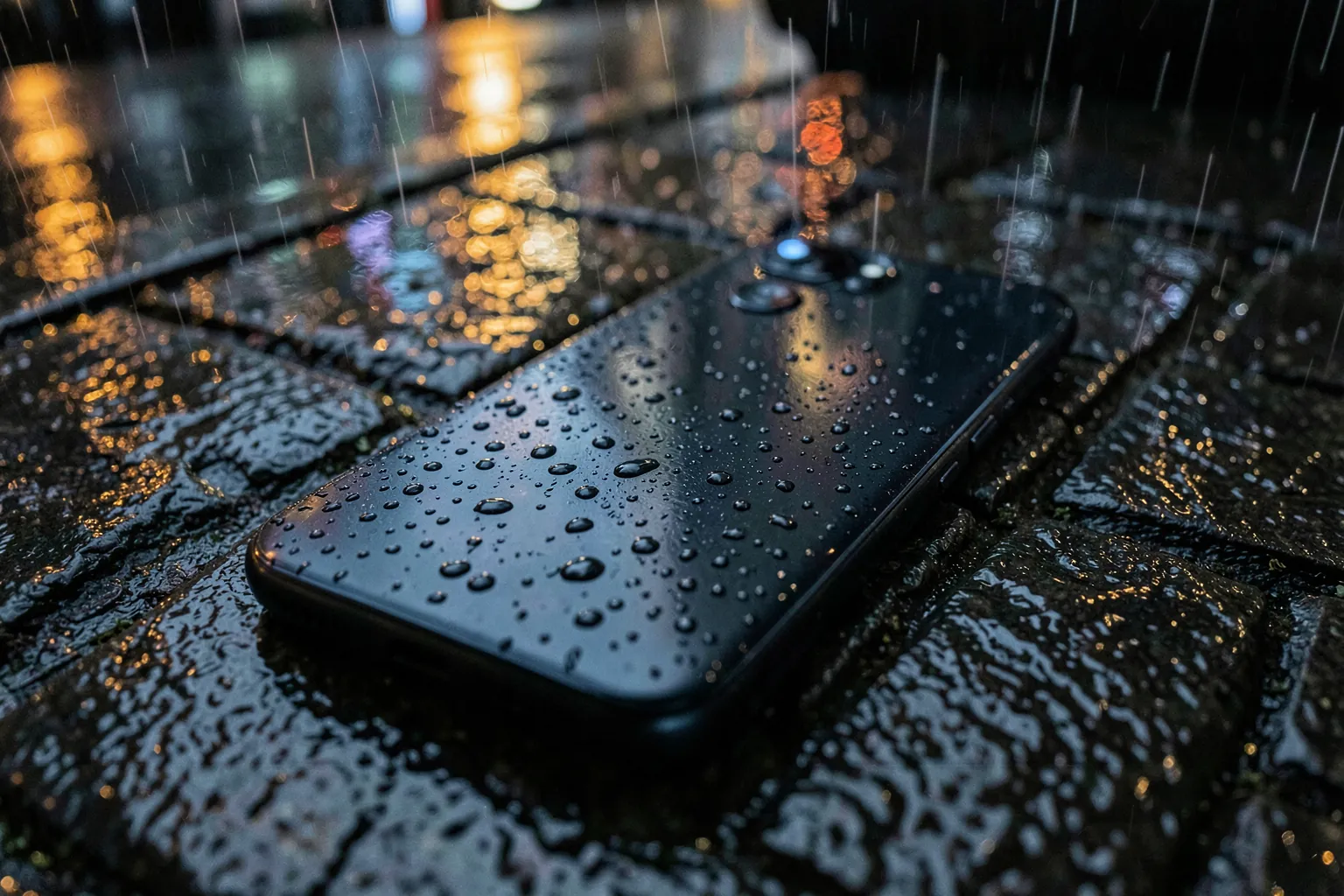 Móvil oscuro cubierto de gotas de agua sobre un suelo de piedra mojado bajo la lluvia por la noche