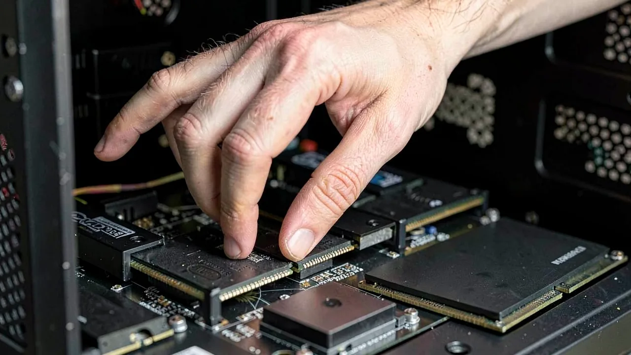 Una mano presionando un módulo de memoria RAM sobre la ranura de una placa base dentro de una caja de ordenador abierta