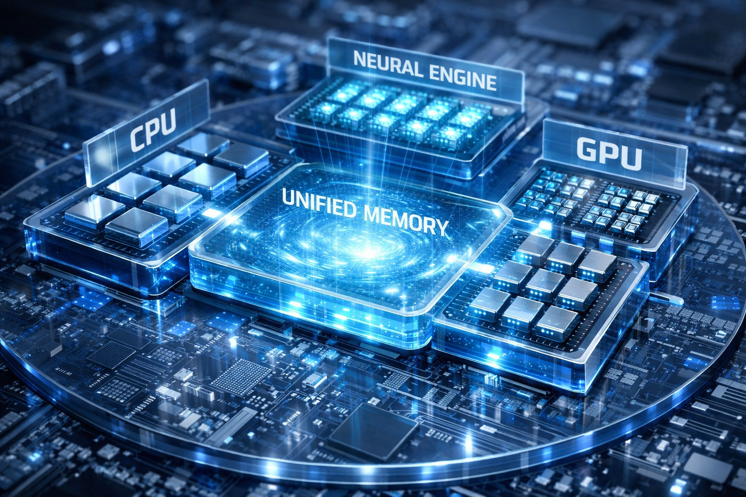 Diagrama arquitectura memoria unificada Apple M4 Max con Neural Engine y GPU compartiendo memoria