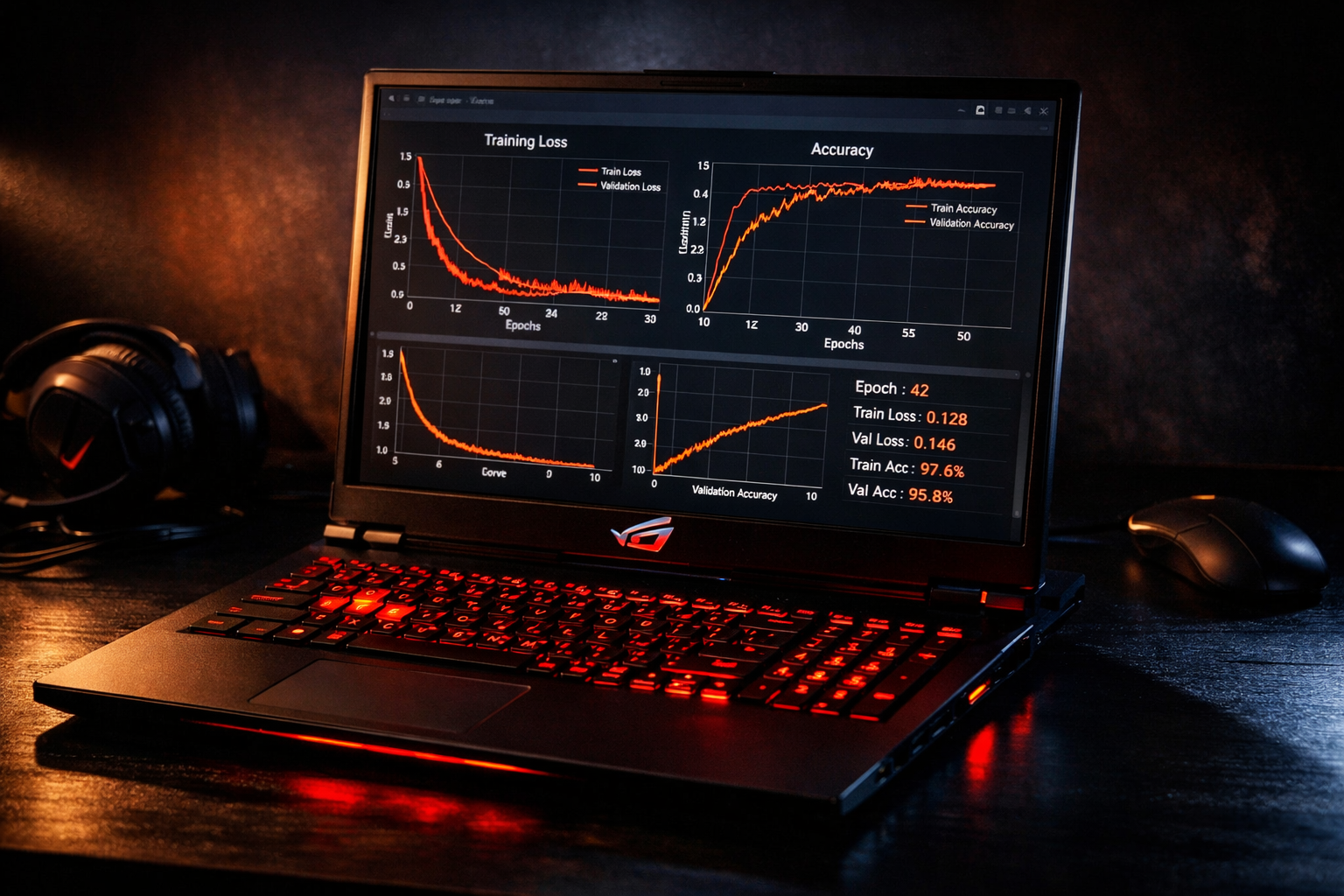 ASUS ROG Strix Scar 18 con RTX 5090 ejecutando entrenamiento de modelo IA en Windows con pantalla iluminada RGB