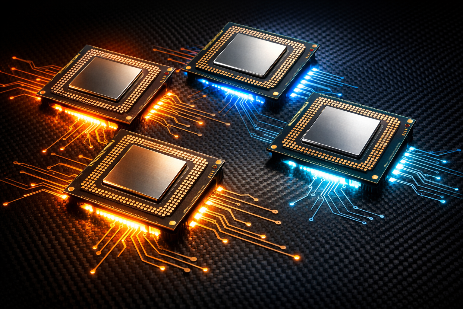 Cinco procesadores tope de gama 2026: Ryzen 9 9950X3D, Ryzen 7 9850X3D, Ryzen 7 9800X3D, Intel Core Ultra 9 285K y Apple M5 alineados sobre un banco de pruebas