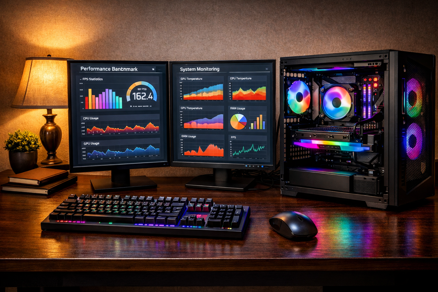 Setup completo de workstation gaming con torre iluminada, monitor OLED ultrawide y teclado mecánico
