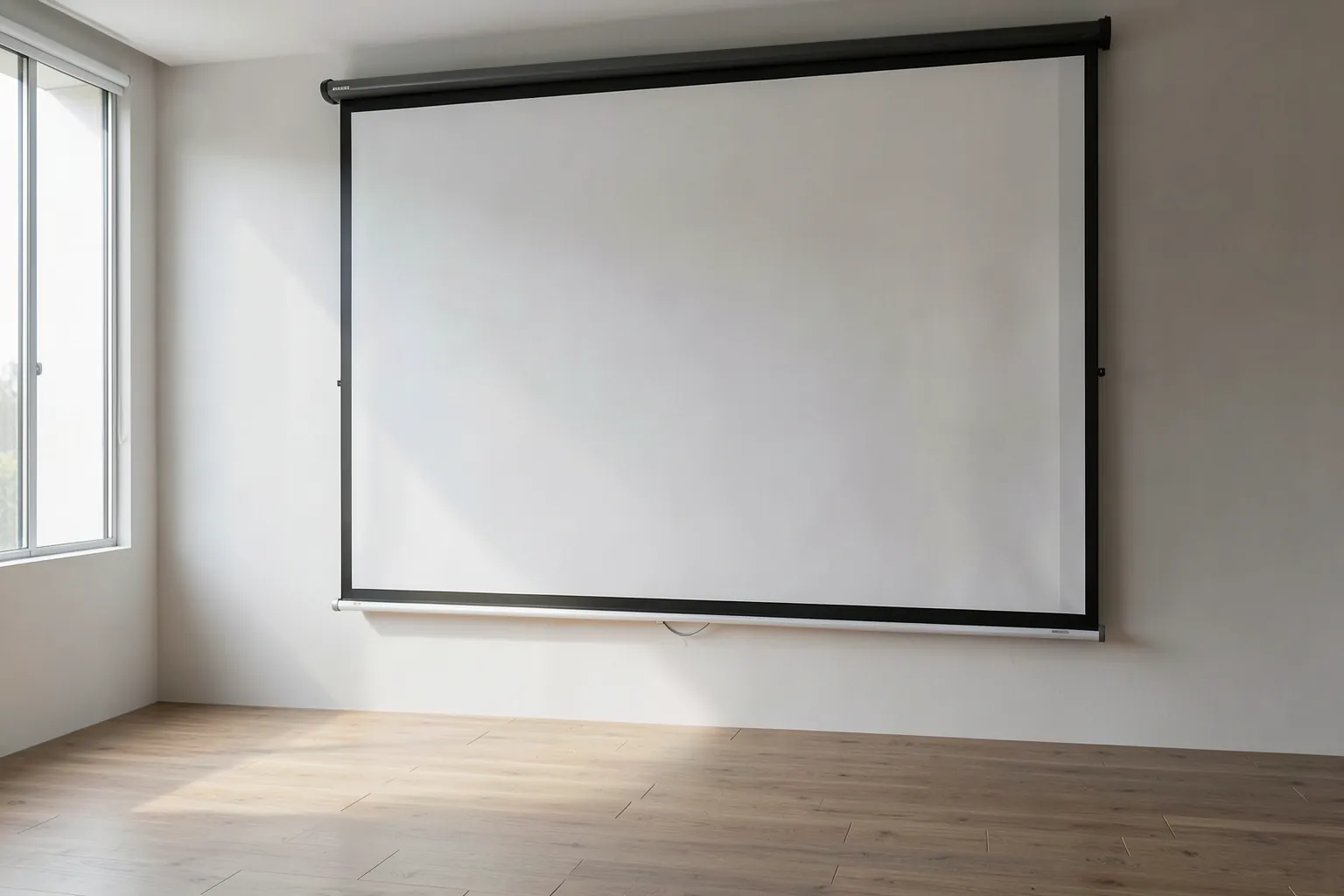 Pantalla de proyección blanca enrollable colgada en una habitación moderna vacía con suelo de madera