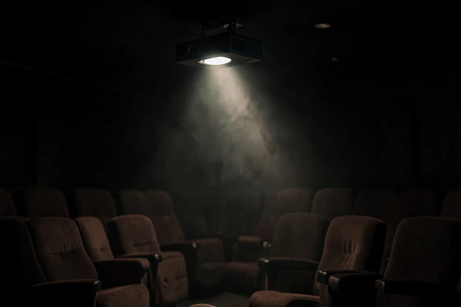 Proyector negro colgado del techo en una sala de cine en casa oscura con un haz de luz cruzando la habitación