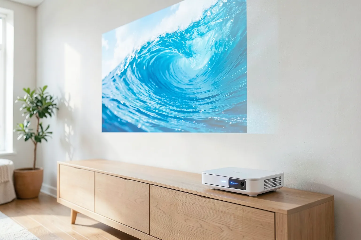 Proyector blanco y bajo de tiro ultracorto sobre un aparador pegado a la pared proyectando una ola del mar