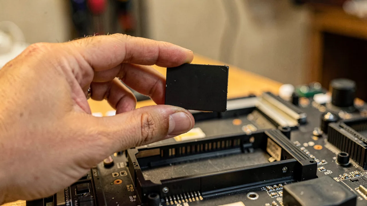 Manos instalando un módulo de memoria RAM en la ranura de una placa base