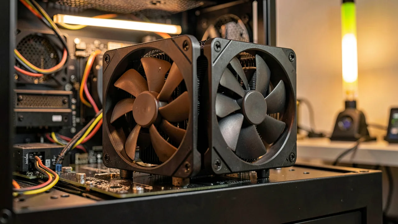 Disipador de CPU de aire de doble torre con dos ventiladores instalado sobre una placa base