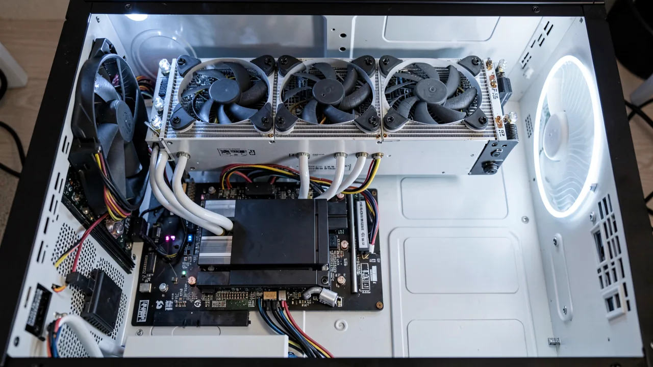 Radiador de refrigeración líquida con tres ventiladores montado en la parte superior de una caja de PC