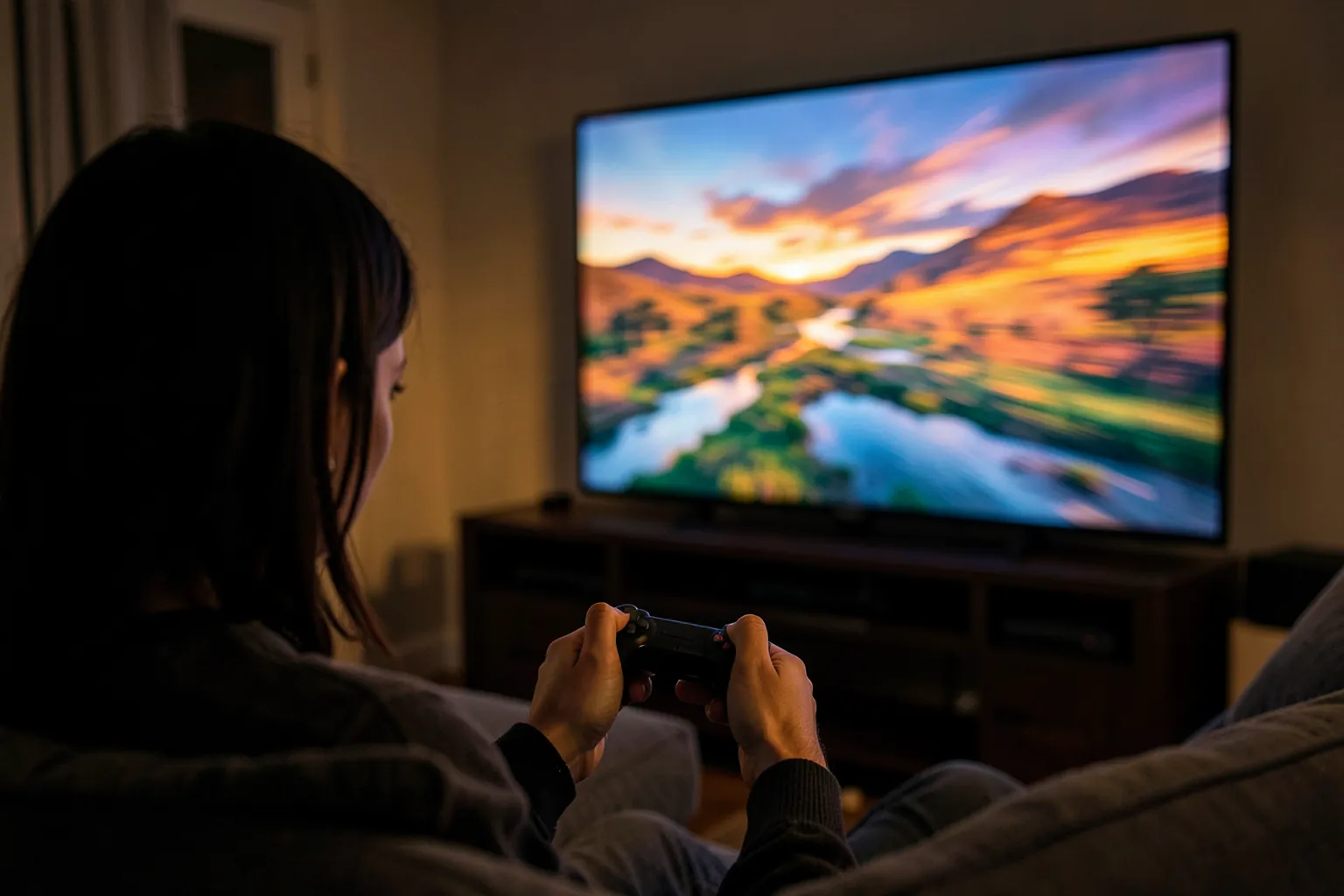 Persona jugando con un mando inalámbrico en un sofá frente a un televisor grande que muestra un juego de carreras colorido, sin consola a la vista