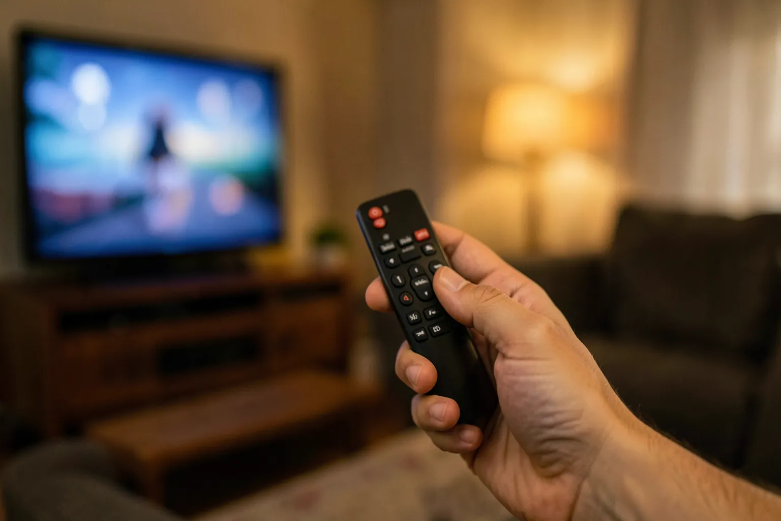 Mano sujetando un mando a distancia negro y fino apuntando a un televisor desenfocado en un salón con luz cálida