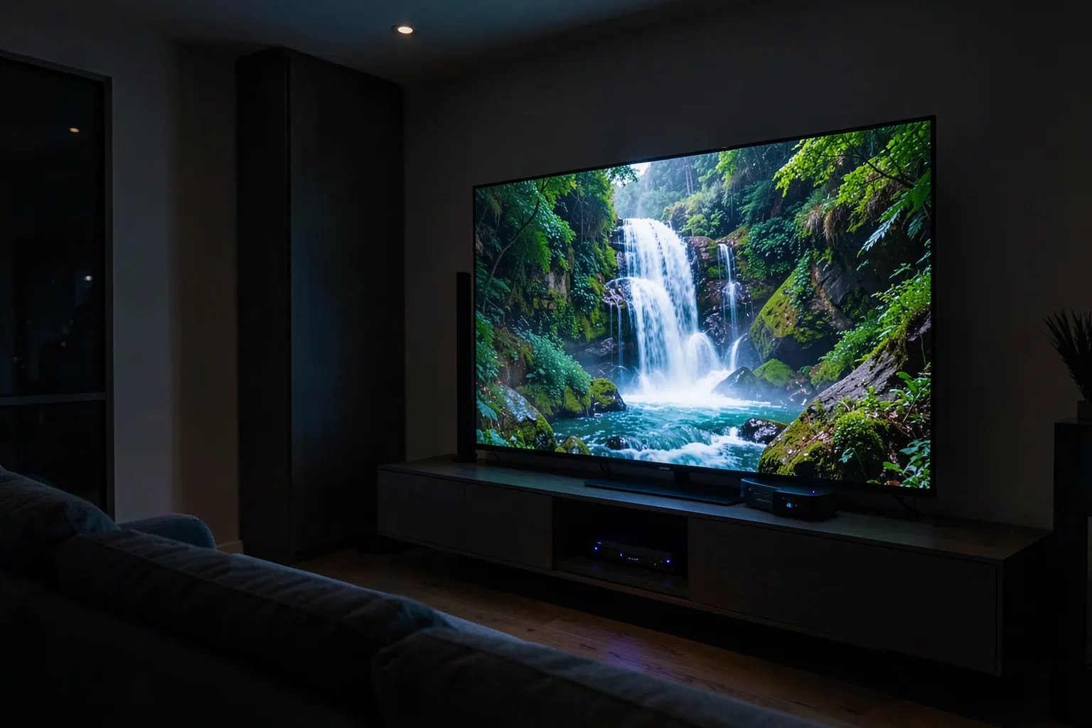 Salón moderno de noche con un televisor grande que muestra una cascada colorida, una pequeña caja de streaming bajo la tele y un sofá en primer plano