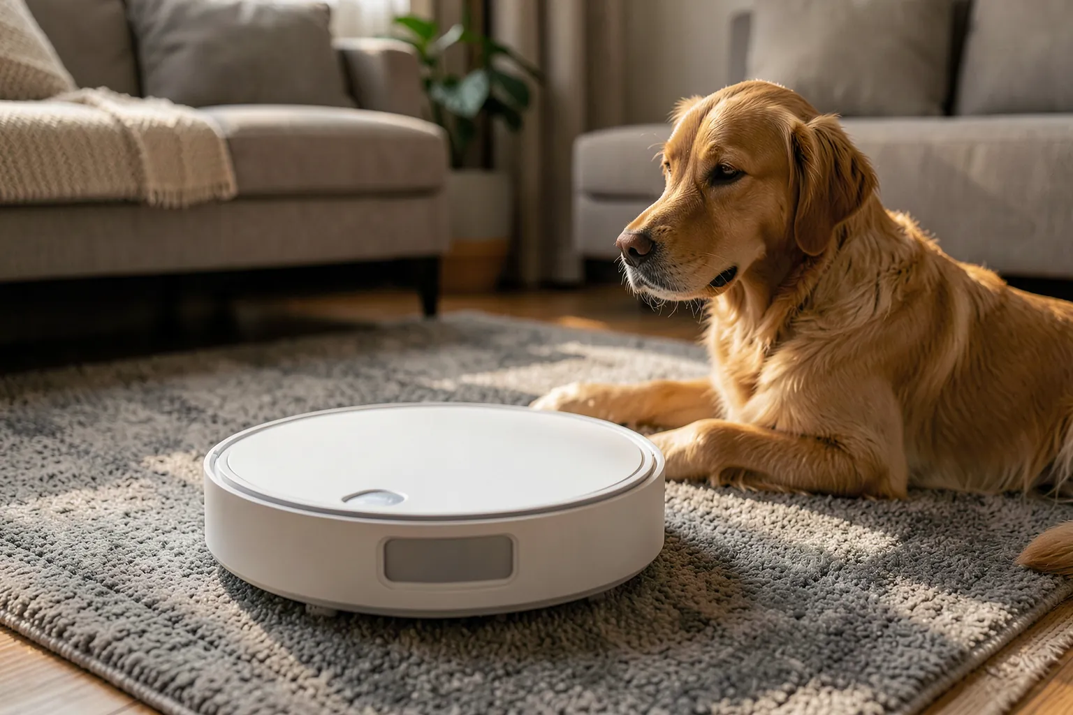 Robot aspirador blanco limpiando una alfombra gris de lana mientras un golden retriever lo observa tumbado