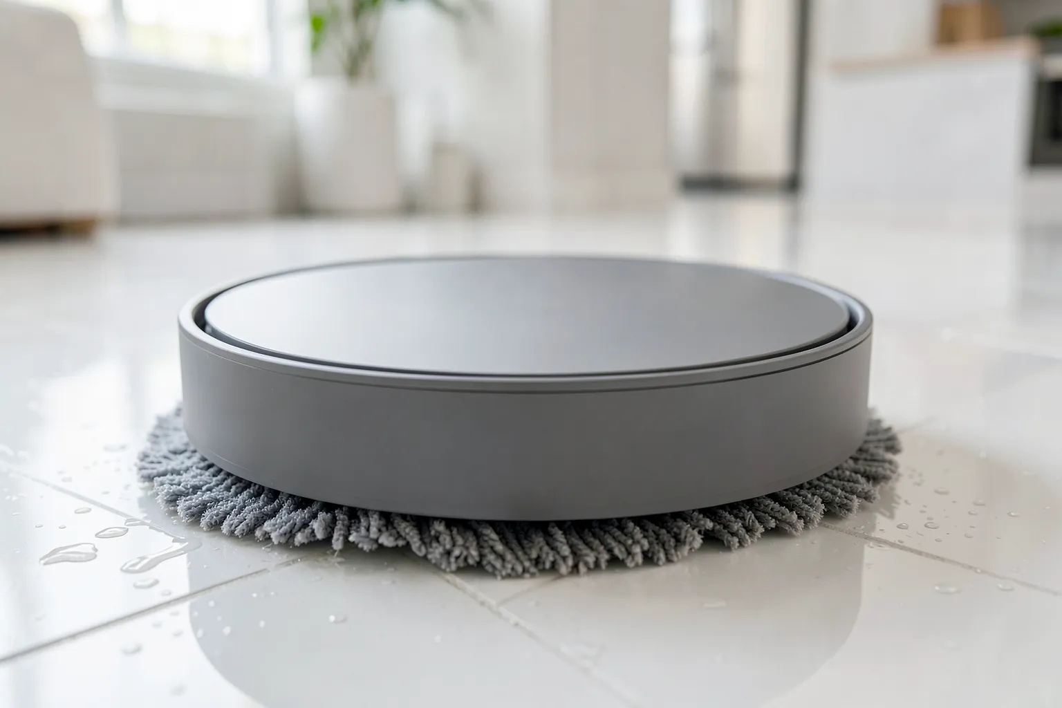 Robot aspirador gris con mopas giratorias fregando un suelo de baldosas blancas de cocina
