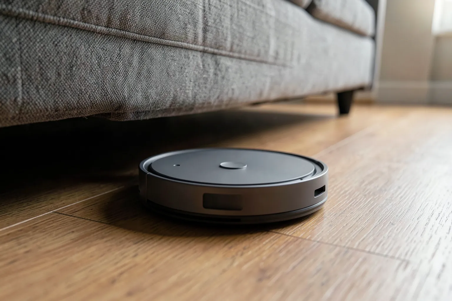Robot aspirador redondo y fino pasando bajo un sofá bajo de tela gris sobre un suelo de madera