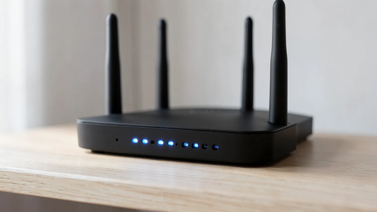 Router inalámbrico negro con varias antenas verticales sobre un mueble, con luces indicadoras encendidas en azul