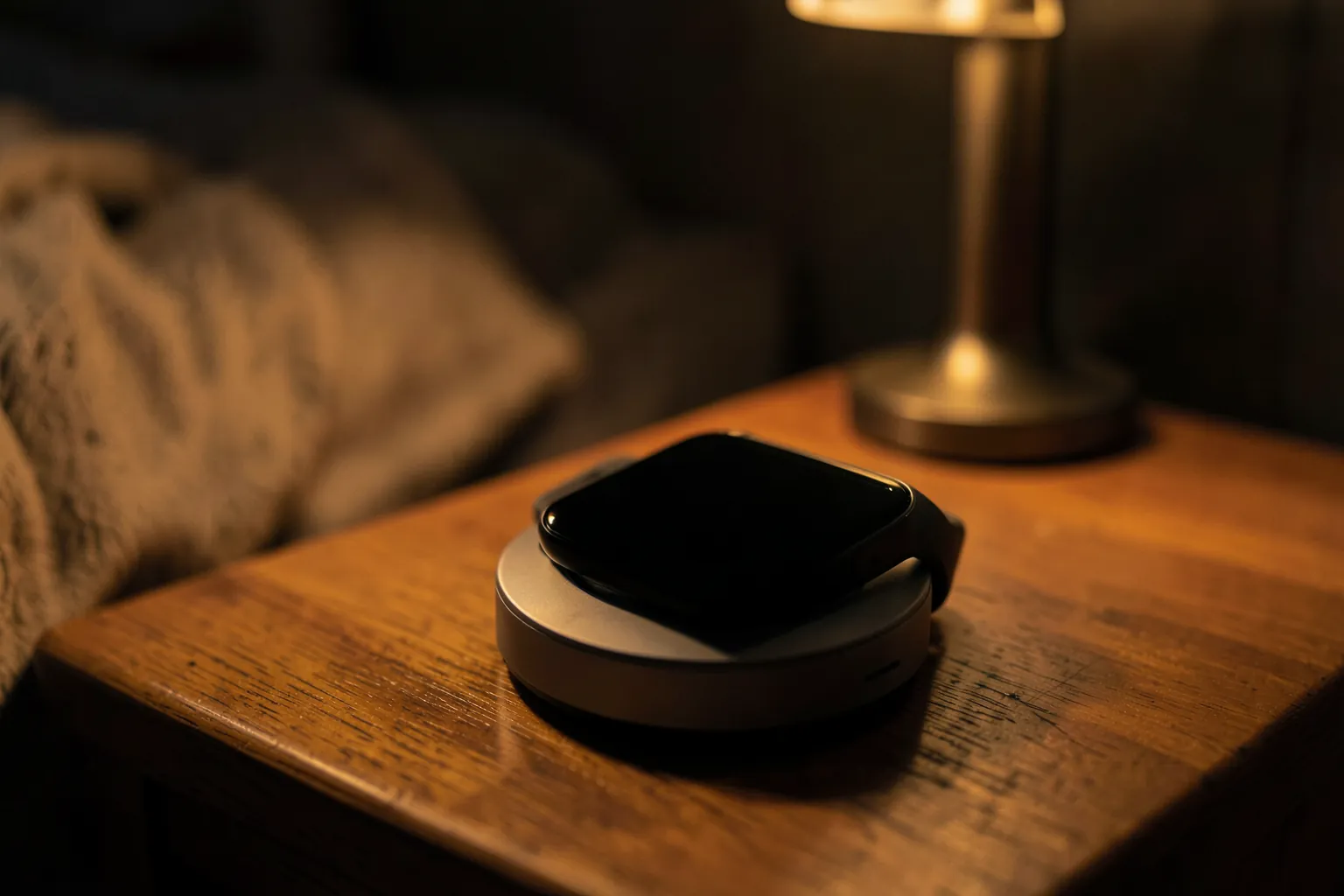 Reloj inteligente sin marcas cargando sobre una base magnética en una mesilla de noche junto a una lámpara cálida