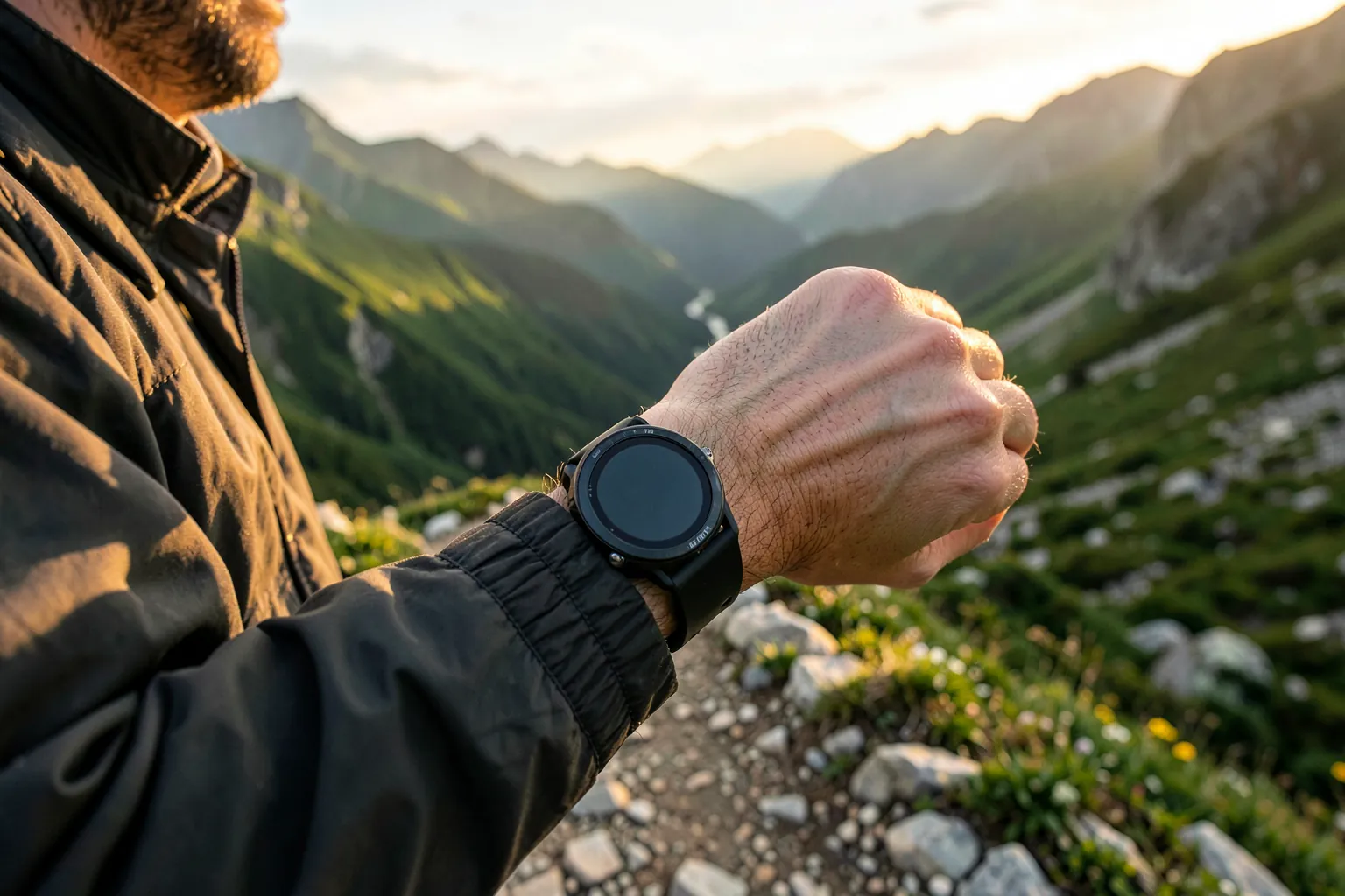 Excursionista en un sendero de montaña con un reloj deportivo robusto sin marcas en la muñeca y un valle al fondo