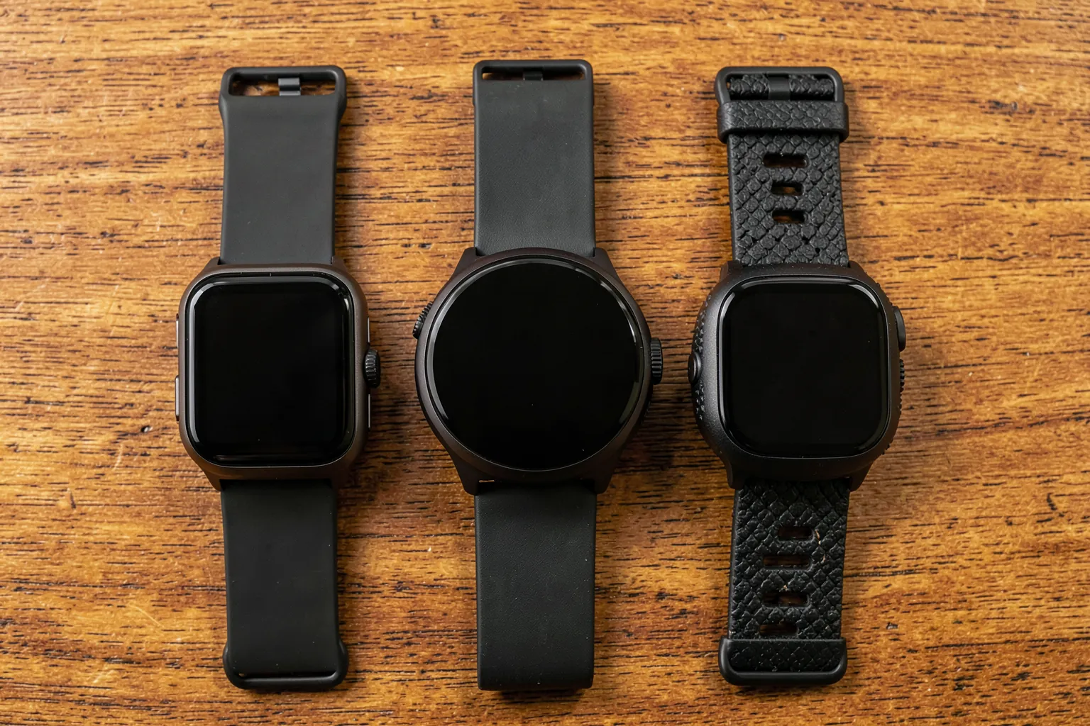 Tres relojes inteligentes sin marcas vistos desde arriba sobre una mesa de madera, dos de pantalla cuadrada y uno redondo, con correas negras
