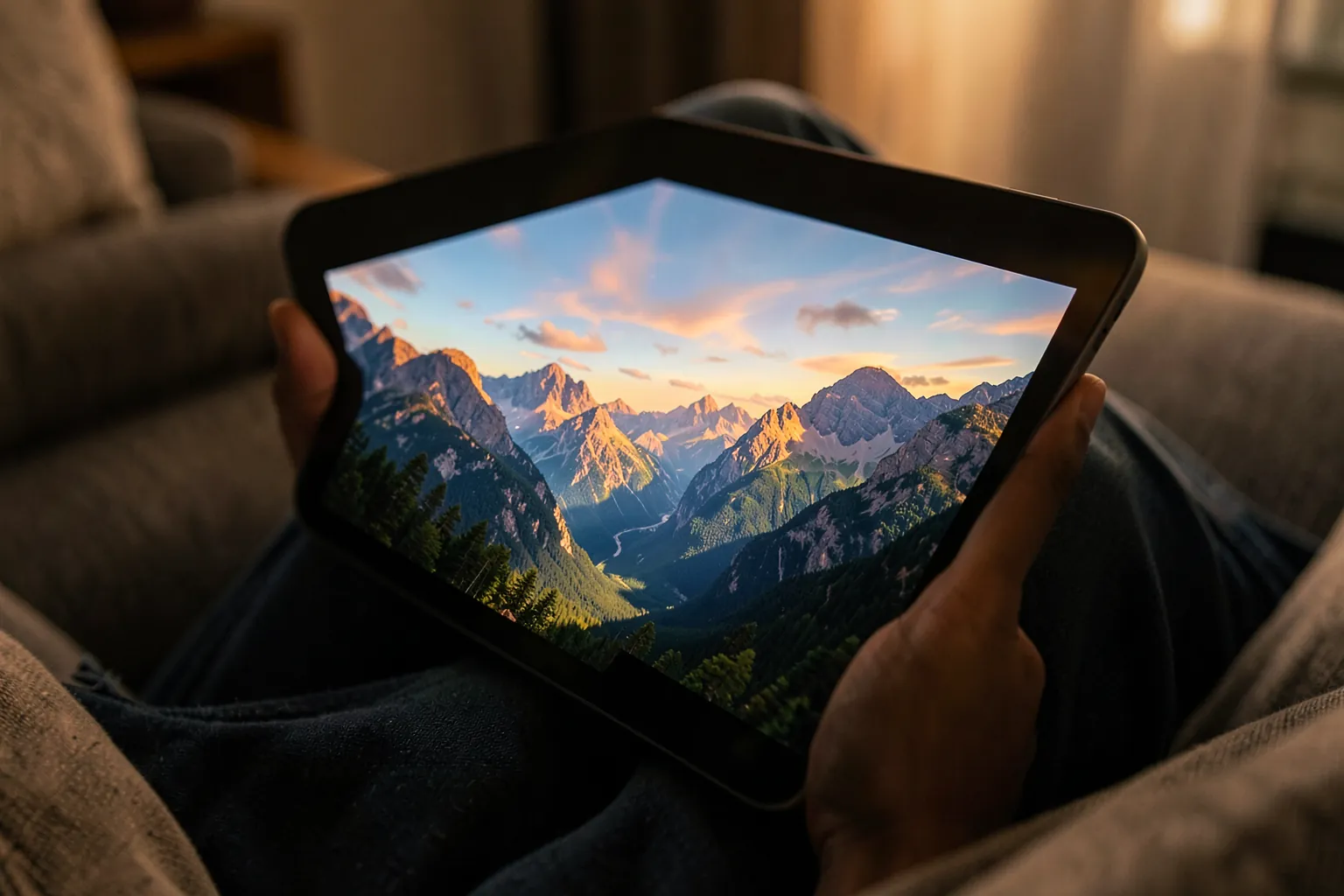 Tableta grande apoyada en las rodillas de una persona en un sofá mostrando un paisaje colorido en la pantalla con luz cálida de tarde