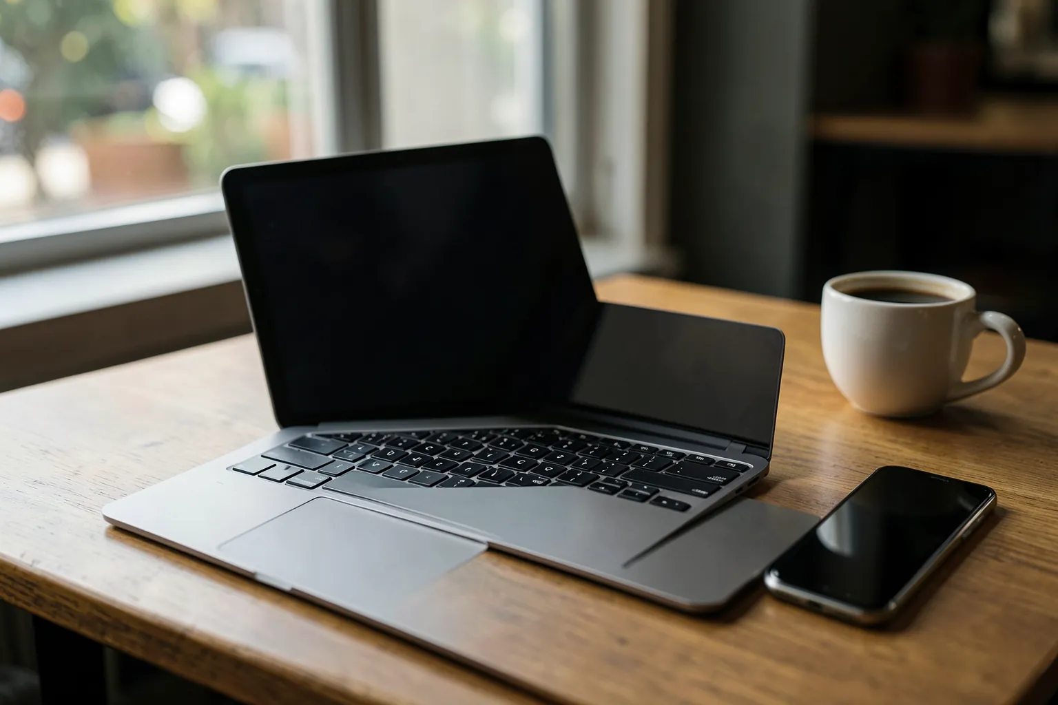 Tableta acoplada a un teclado con trackpad sobre la mesa de una cafetería junto a una taza de café y un móvil