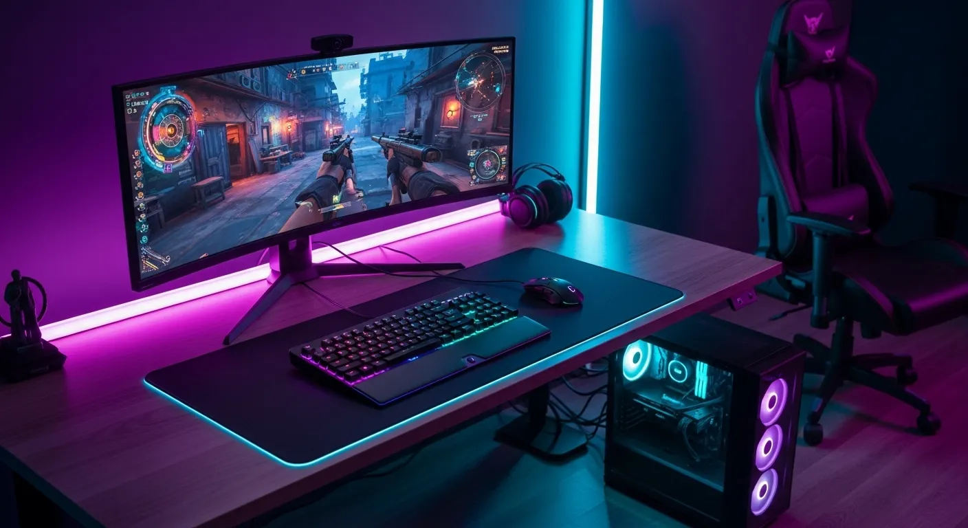 Setup gaming competitivo con teclado mecánico compacto e iluminación RGB