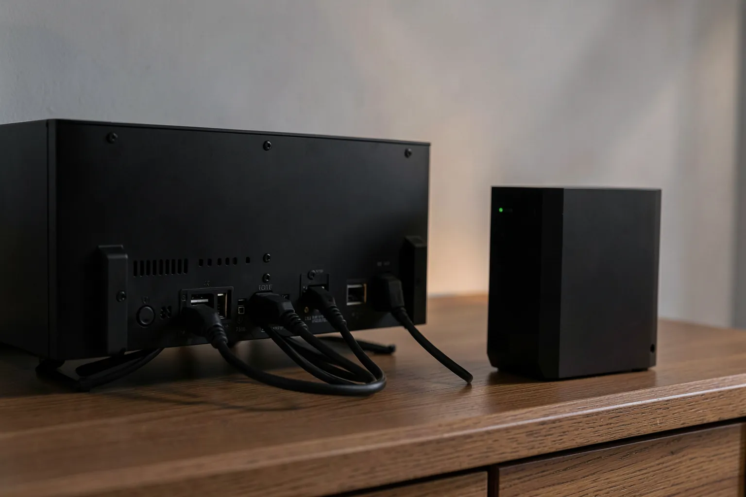 Parte trasera de un televisor moderno con varios cables HDMI conectados y una consola junto a él