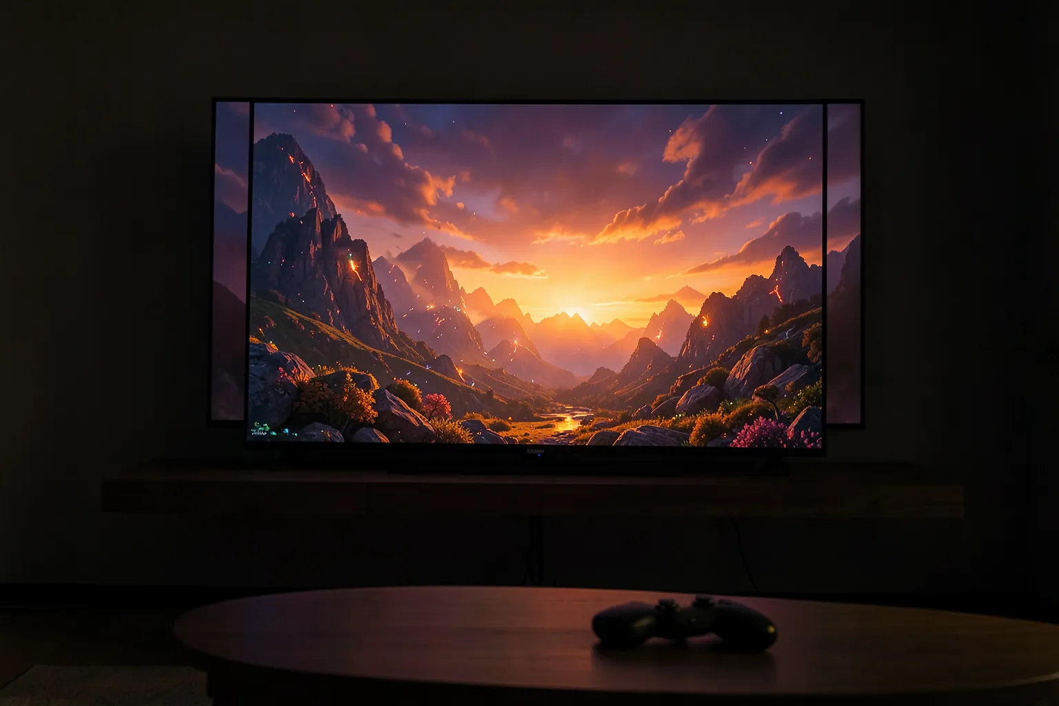 Televisor OLED de gran tamaño en un salón oscuro mostrando un paisaje de videojuego con un mando sobre la mesa
