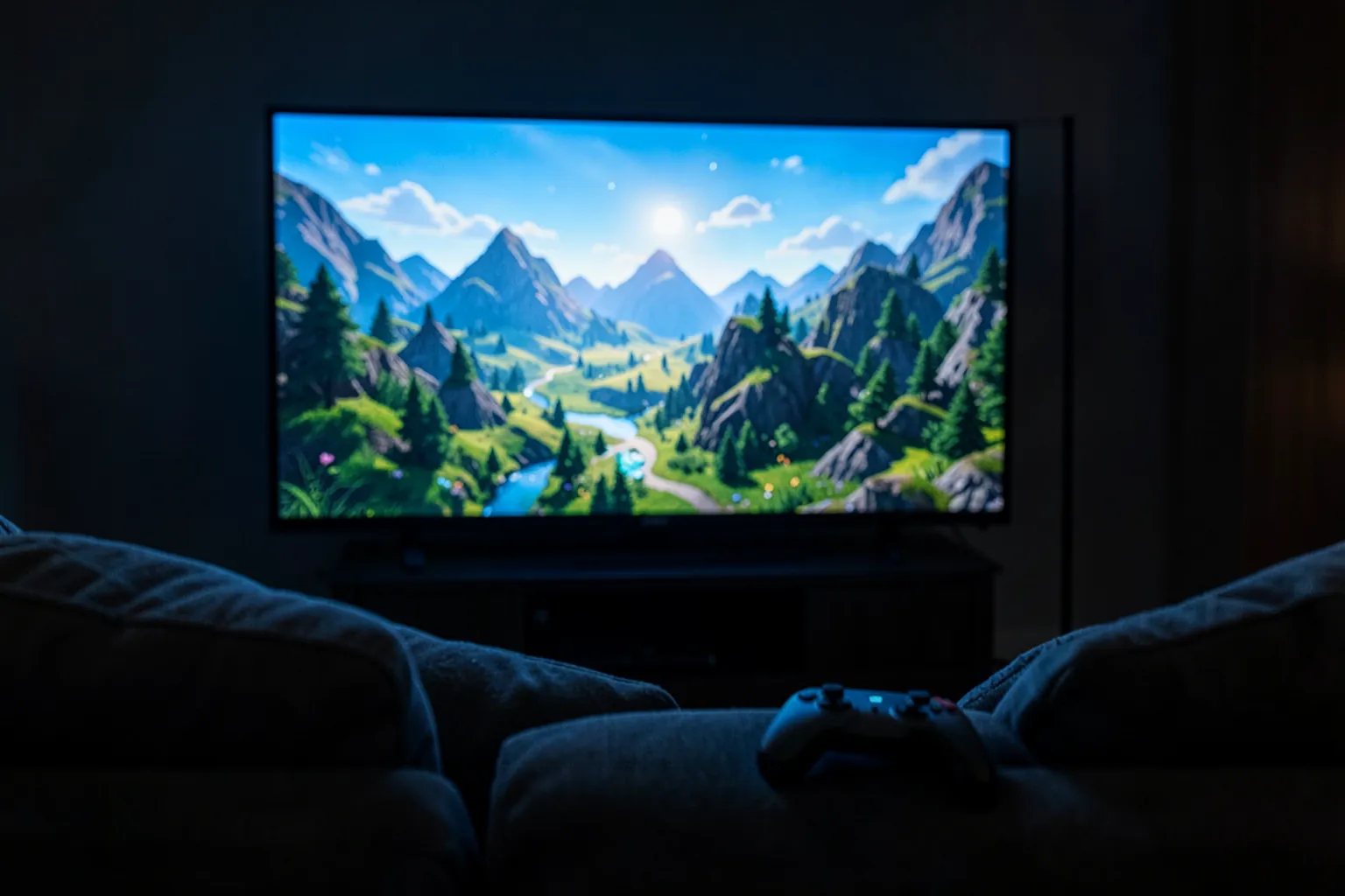 Salón en penumbra con un televisor grande encendido mostrando un paisaje de videojuego y un mando sobre el sofá
