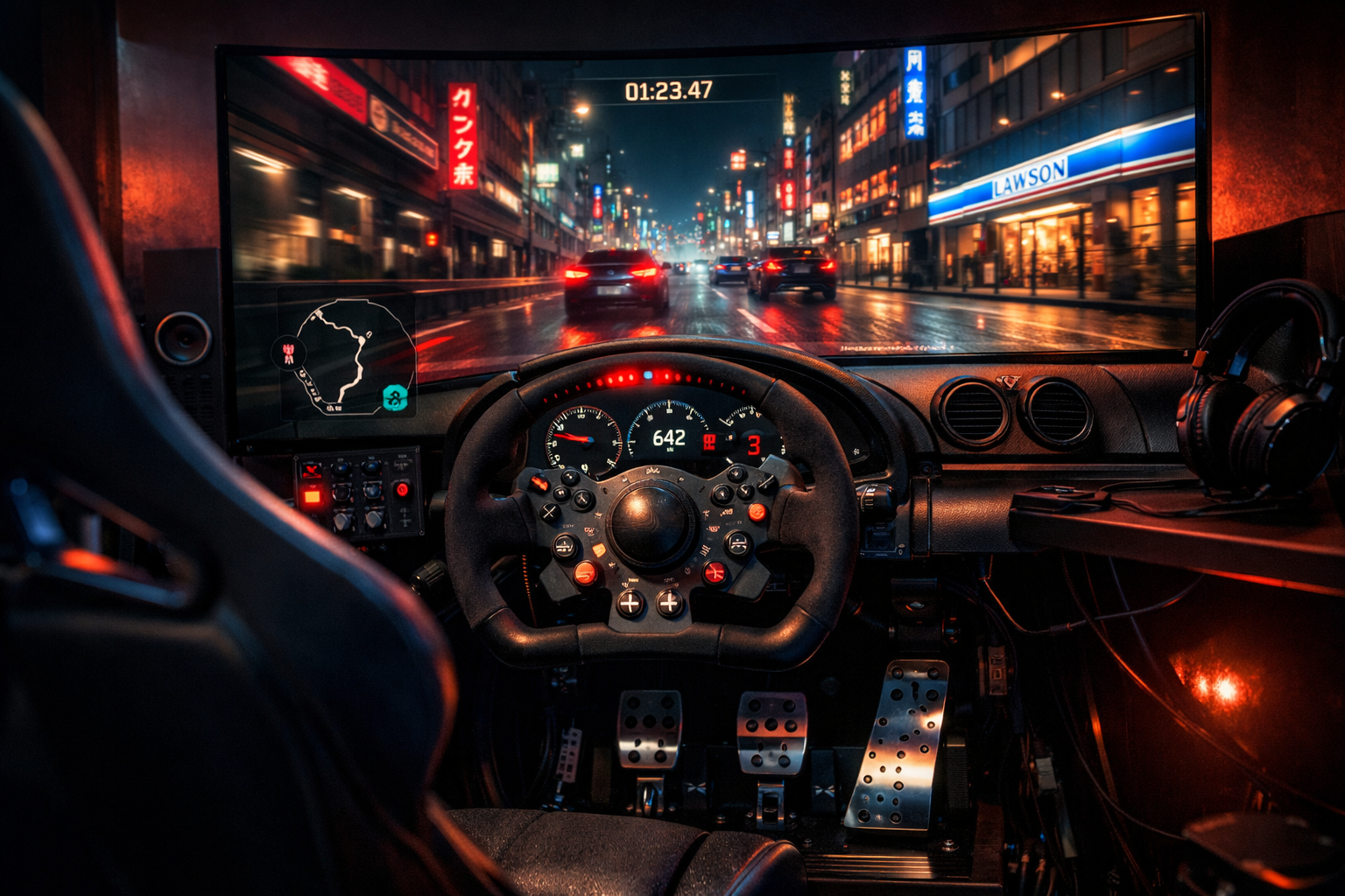 Setup de sim racing con volante y cockpit para jugar Forza Horizon 6 en 2026