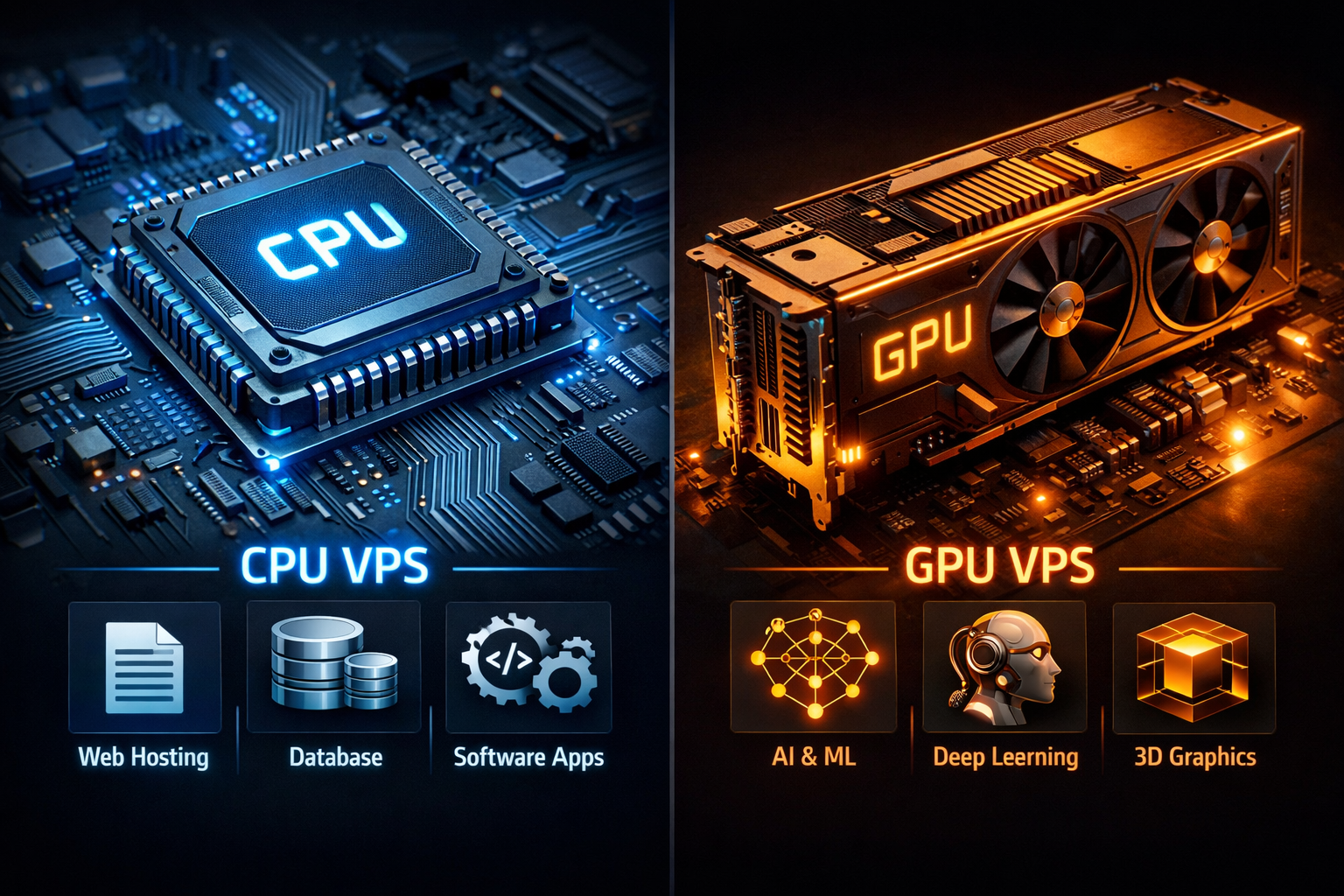Comparación visual entre un servidor CPU convencional y una tarjeta GPU NVIDIA H100 con luces neón