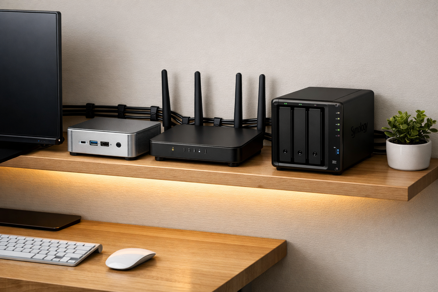Estantería con mini PC Beelink encendido, cables Ethernet ordenados y luz LED azul suave