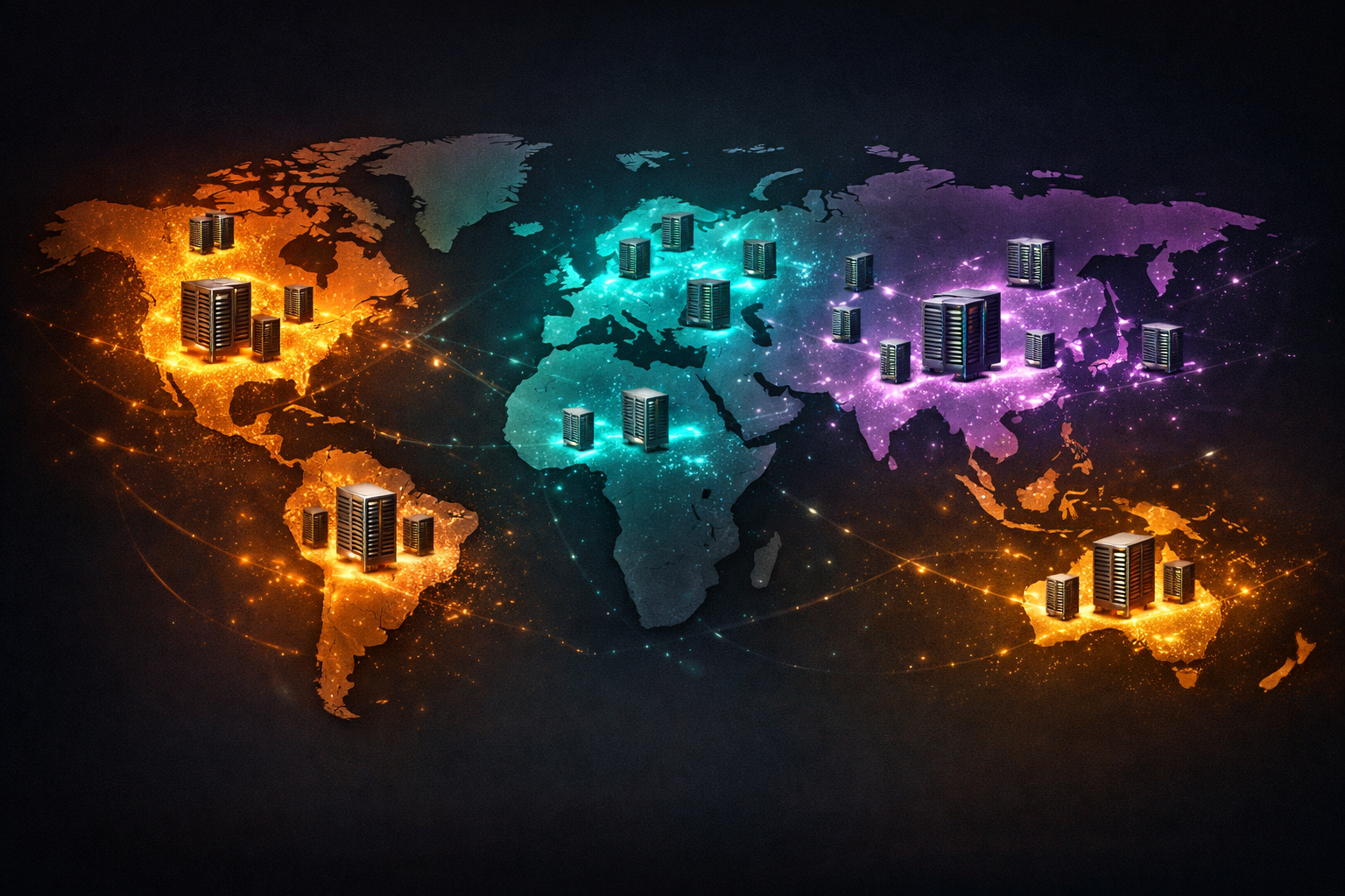 Mapa mundial con puntos luminosos marcando datacenters europeos y americanos de proveedores cloud