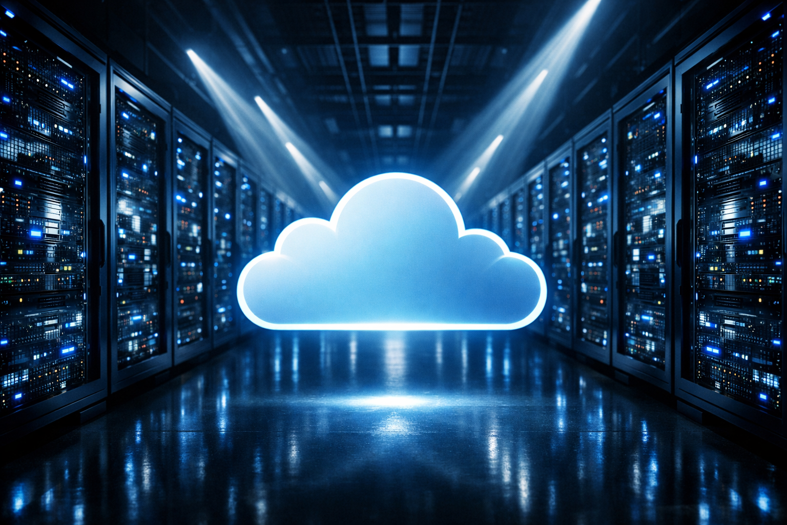 Ilustración fotorrealista de racks de servidores VPS iluminados en azul con logos difuminados de proveedores cloud