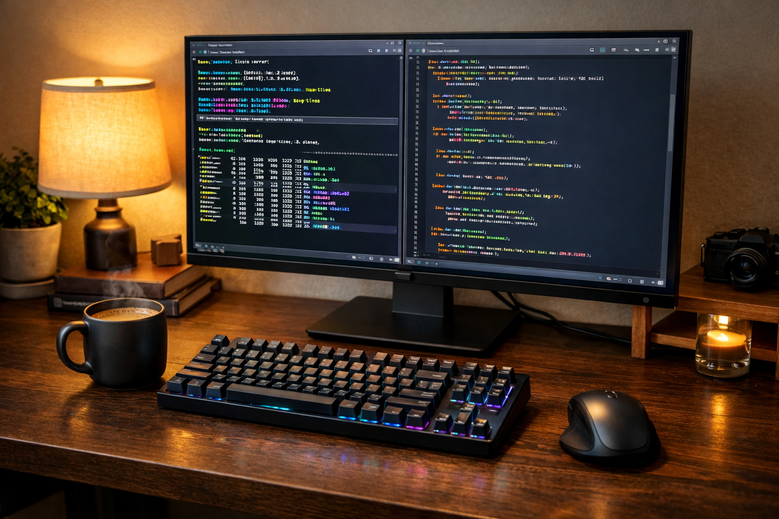 Escritorio de desarrollador con MacBook Pro, monitor OLED, teclado mecánico y ratón trabajando en terminal SSH