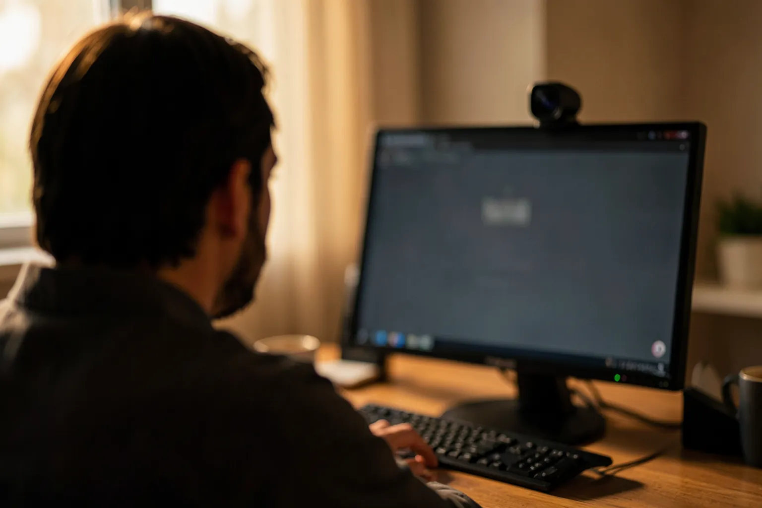 Persona en una videollamada en un escritorio de casa vista de espaldas, con una webcam pequeña sobre el monitor y luz cálida de ventana