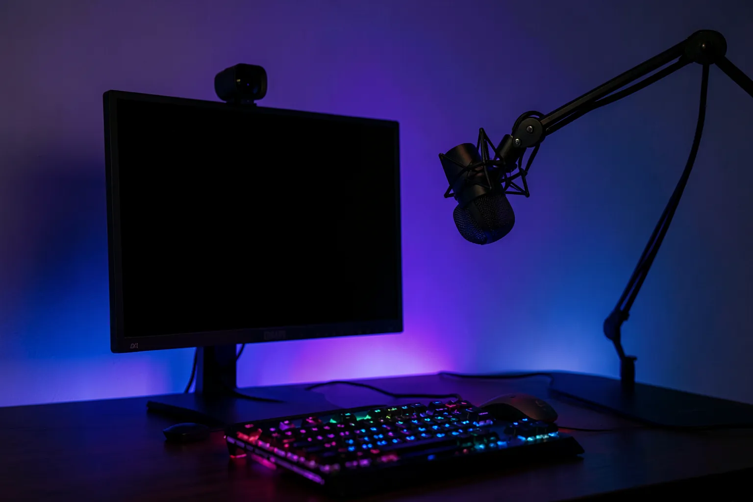 Escritorio de streaming de noche con una webcam sobre un monitor apagado, un micrófono en un brazo y luces de ambiente moradas y azules
