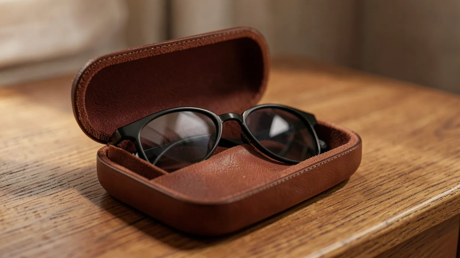 Gafas de montura negra dentro de un estuche de piel marrón abierto sobre una mesa de madera