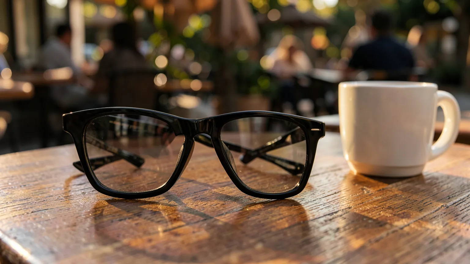 Gafas de montura negra gruesa apoyadas sobre una mesa de cafetería al aire libre junto a una taza, con luz de tarde