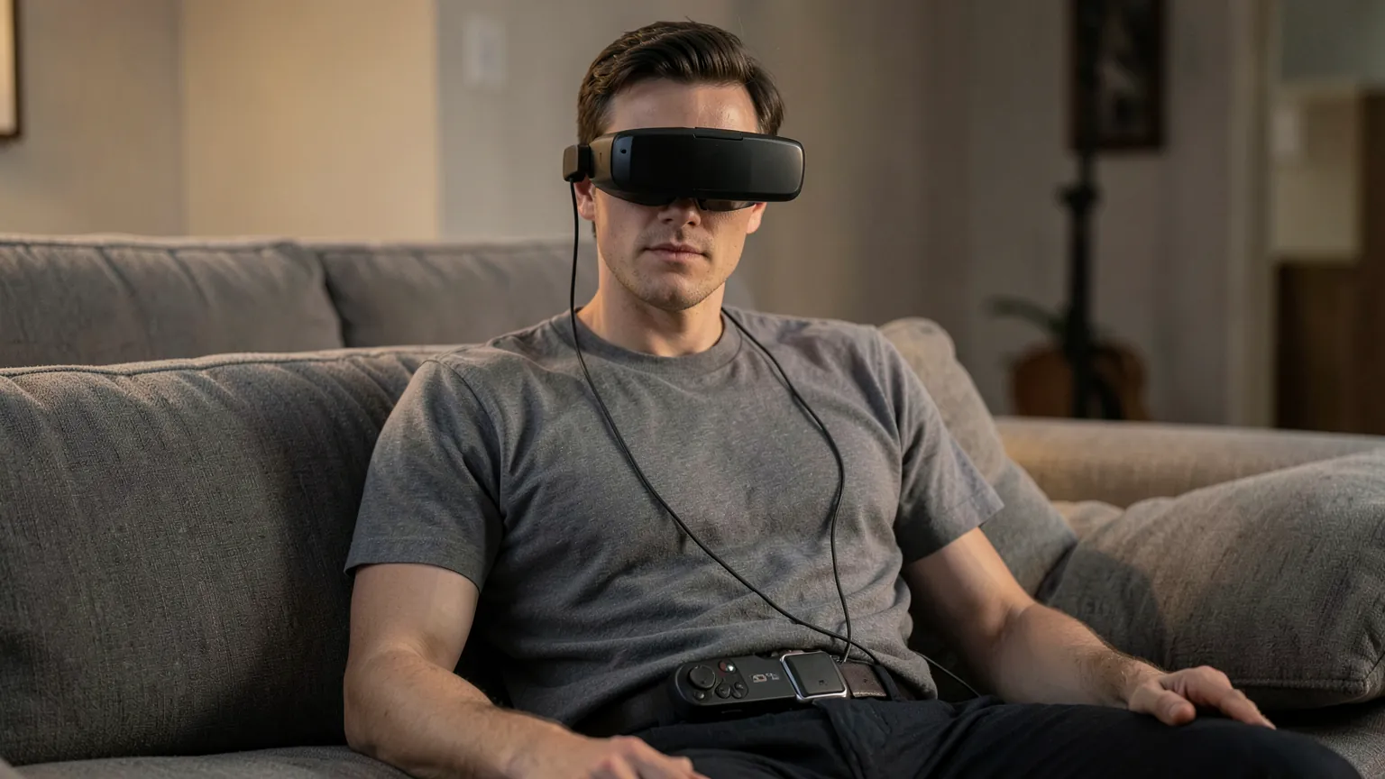 Persona sentada en un sofá con unas gafas de realidad virtual finas y un pequeño dispositivo sujeto al cinturón