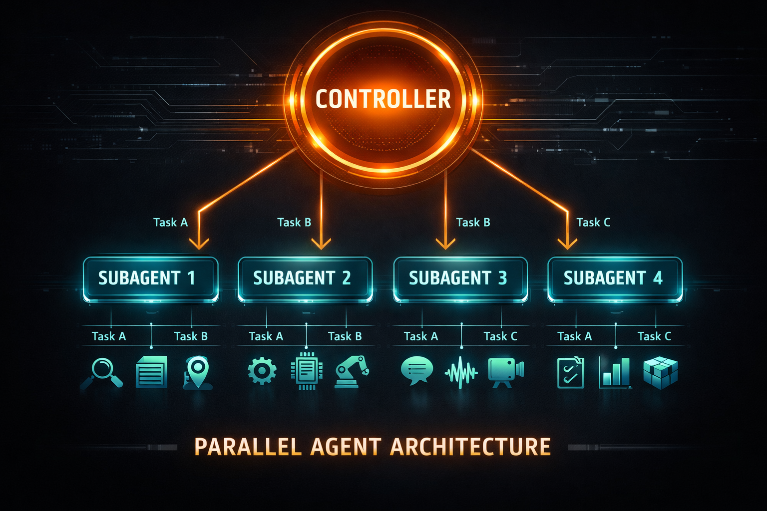 Diagrama de fan-out: el agente principal despliega sub-agentes en paralelo con contexto persistente.