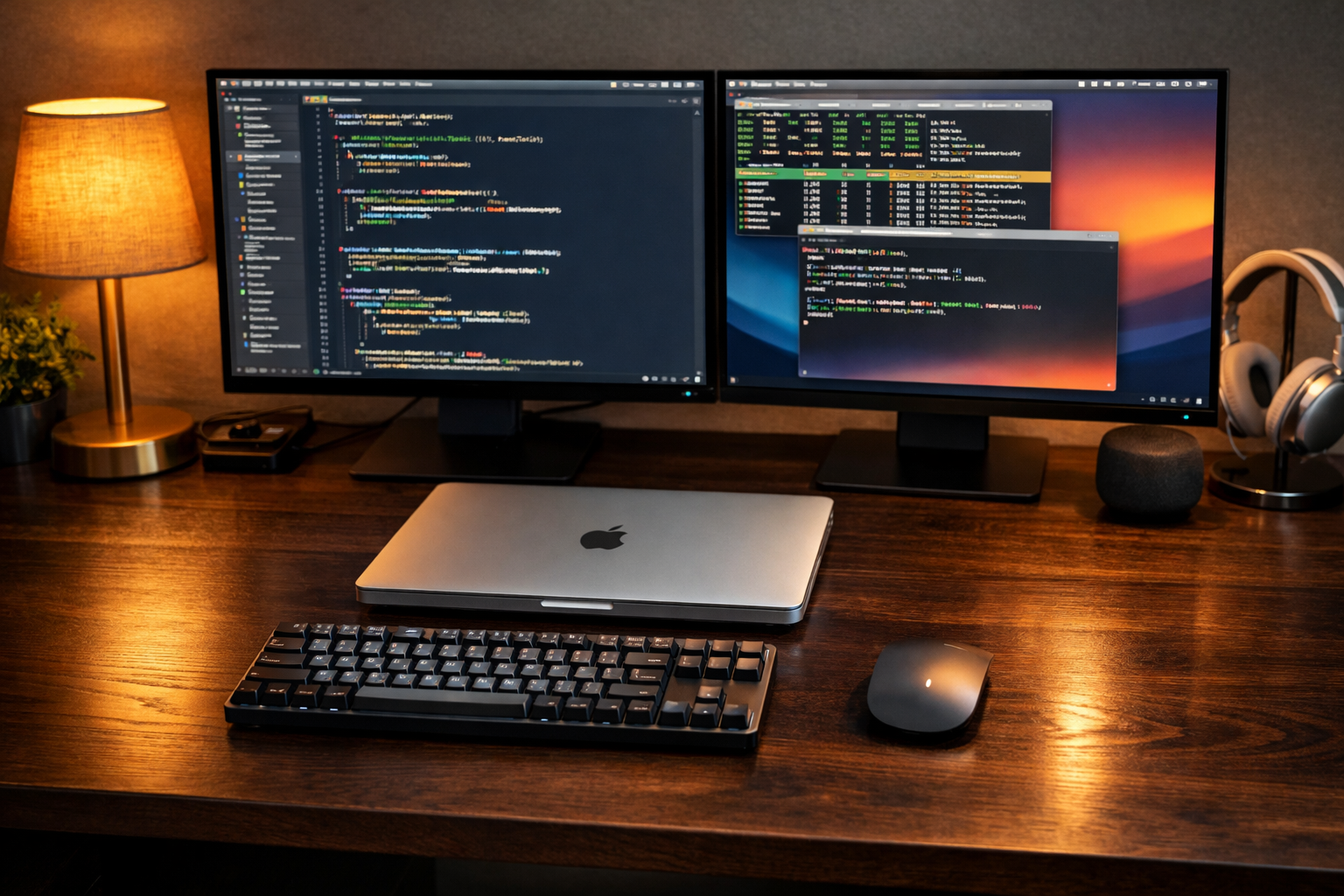 Estación de trabajo ideal para operar coding agents en 2026: portátil Apple Silicon, monitor OLED, teclado mecánico y periféricos ergonómicos.