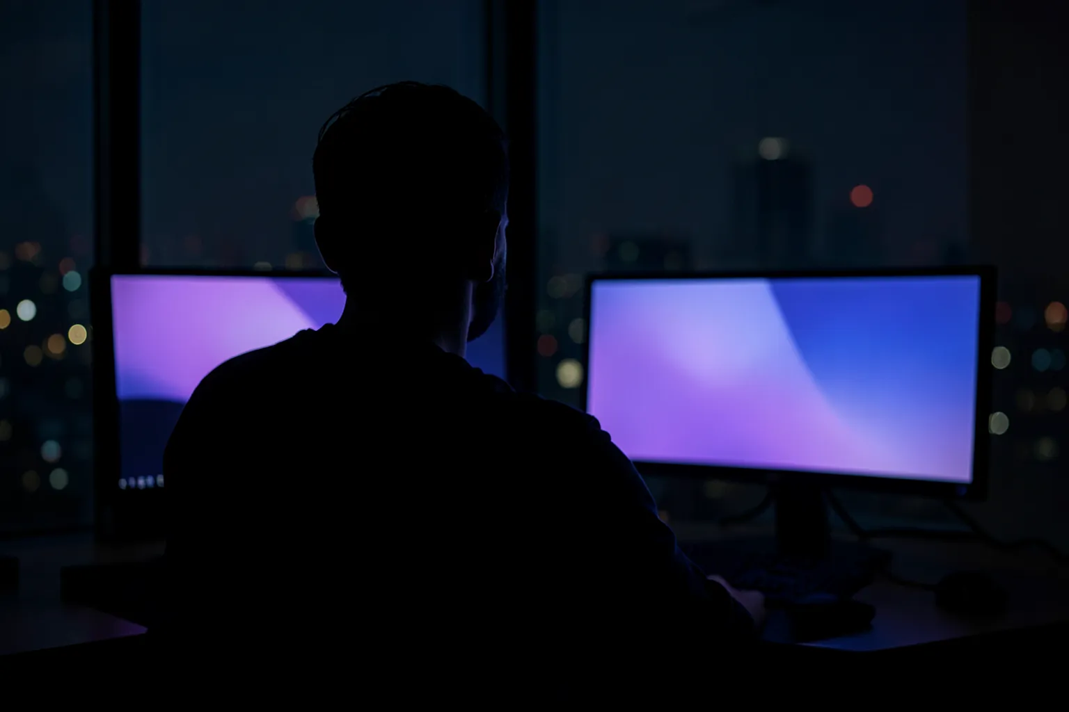 Silueta de un programador de espaldas por la noche frente a dos monitores con degradados morados y azules