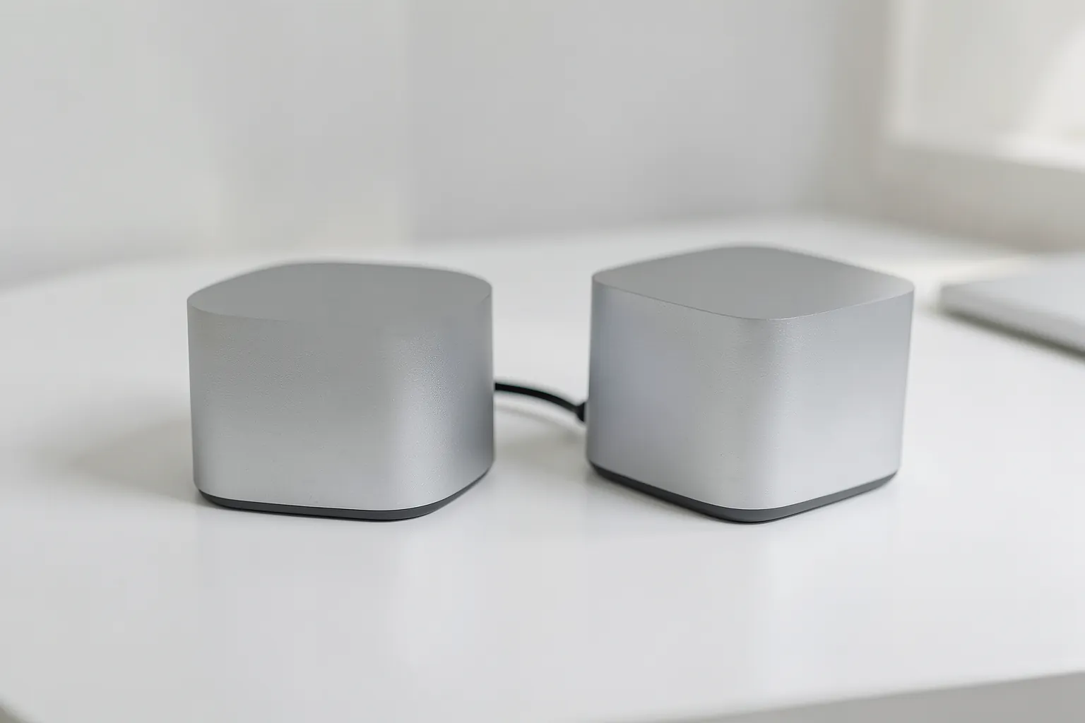 Dos ordenadores compactos de aluminio plateado conectados por un cable sobre una mesa blanca
