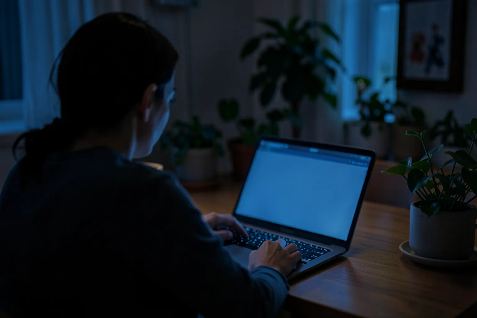 Persona trabajando de noche con un portátil en un escritorio de casa, vista de espaldas, con un brillo azul suave y plantas
