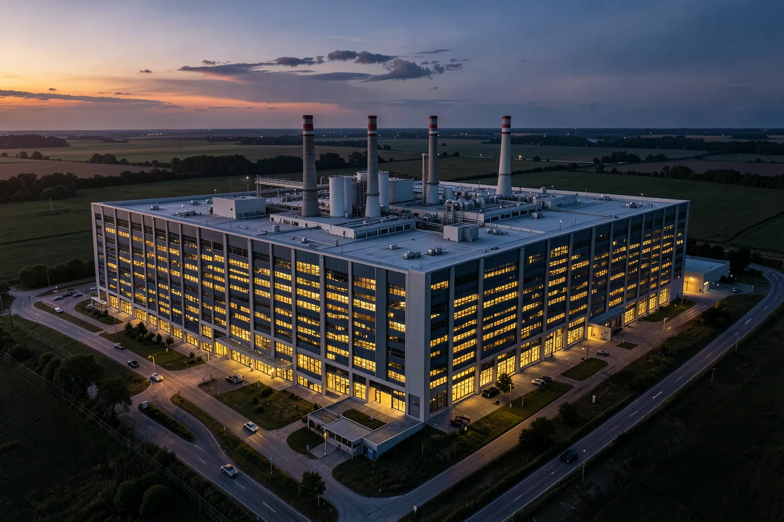 Gran centro de datos moderno al atardecer en medio de campos llanos, con ventanas iluminadas y chimeneas de refrigeración, visto desde el aire