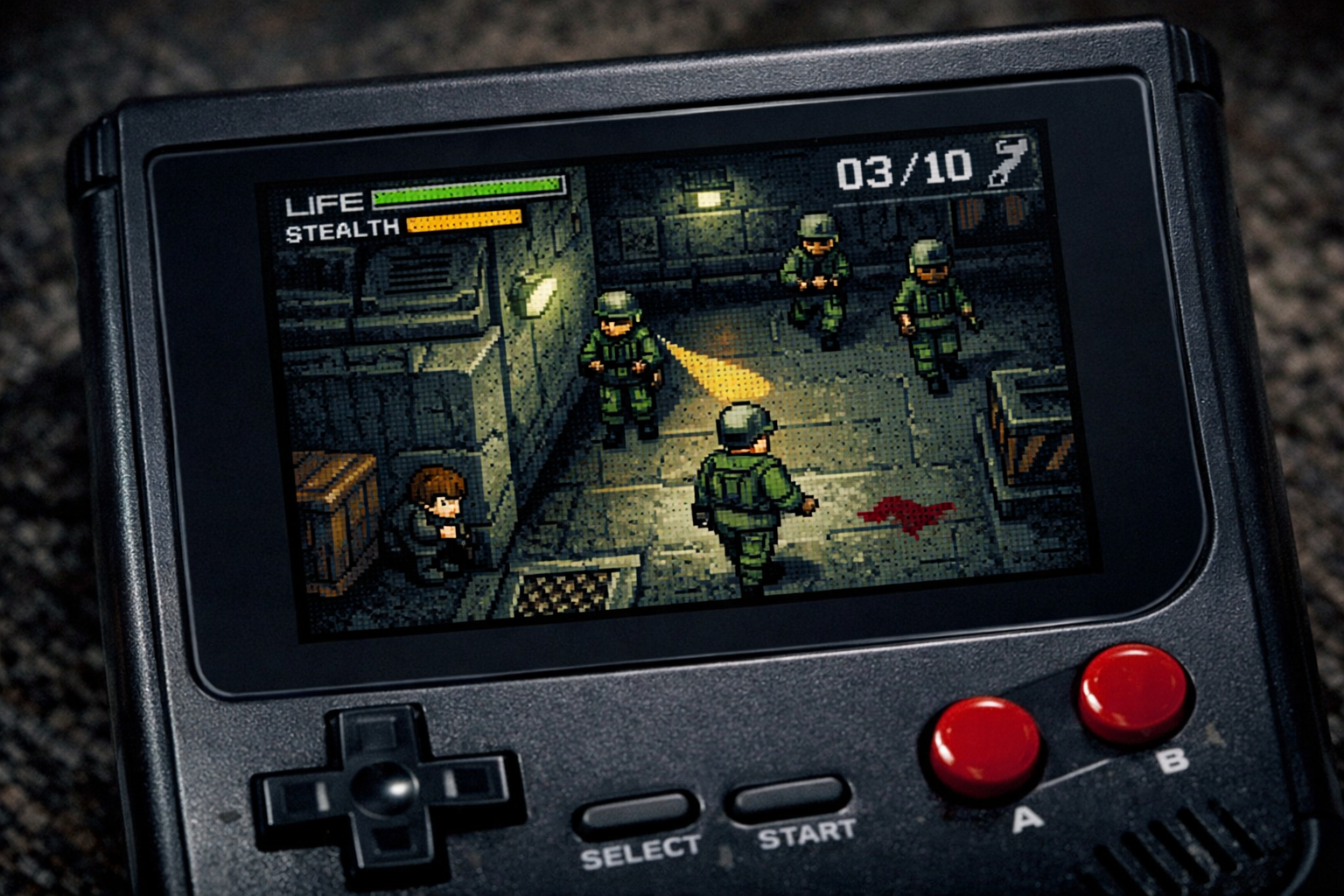 Metal Gear Ghost Babel en Game Boy Color con Snake en modo sigilo pixel art